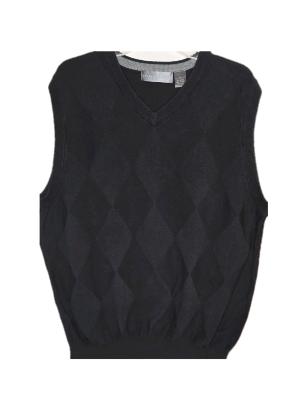 Oscar de la Renta Mens Sweater Vest Large Black Gray Argyle Cotton V-Neck